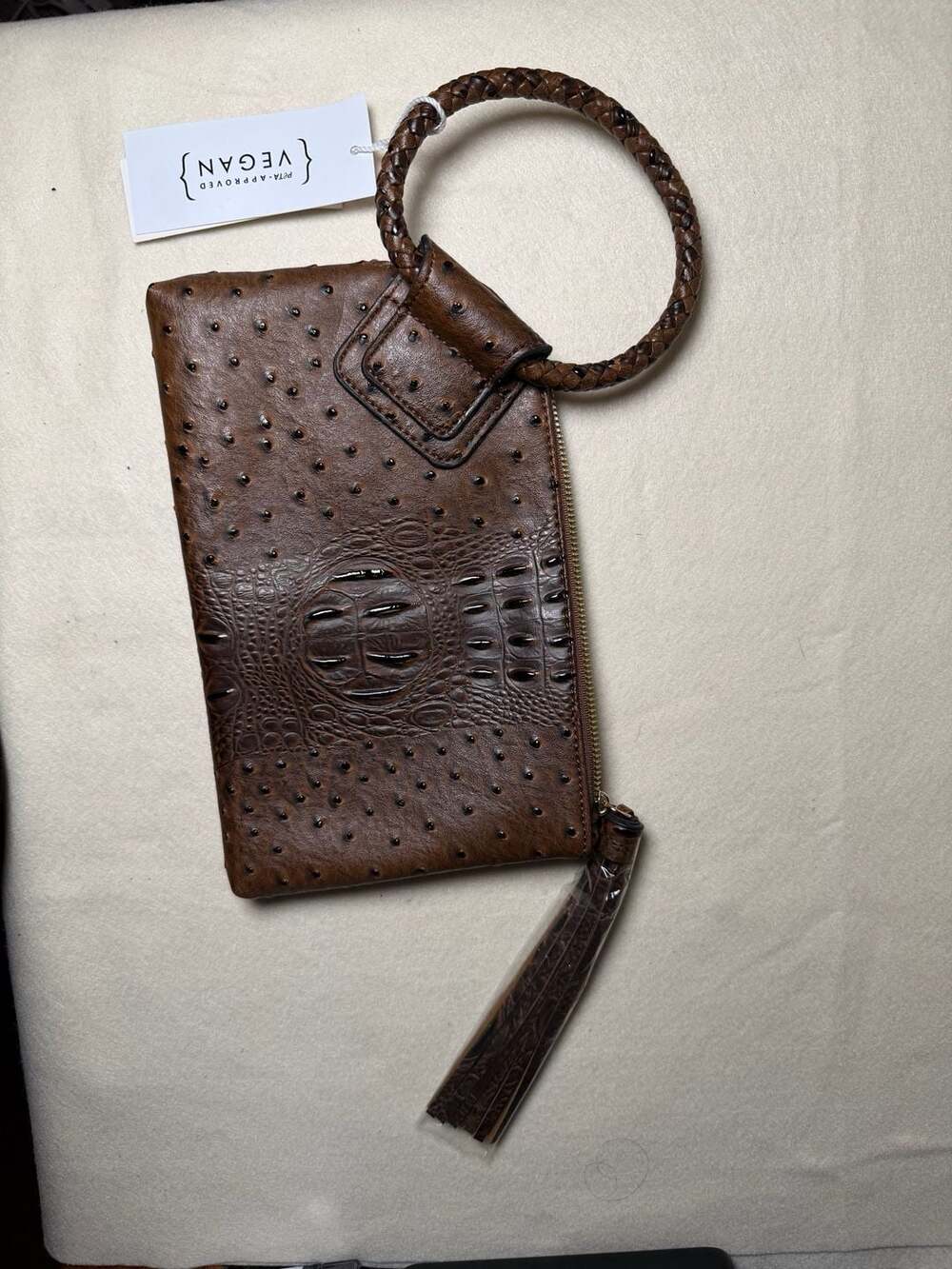 Virago Collection Brown Ostrich And Croc Embossed Vegan Wristlet Clutch